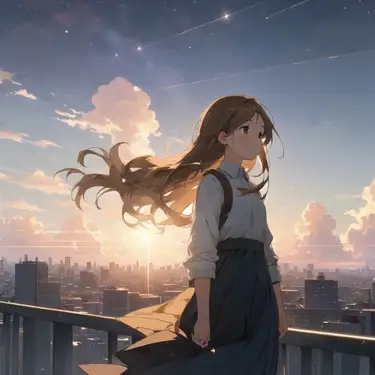 都市の空と建物の中の少女